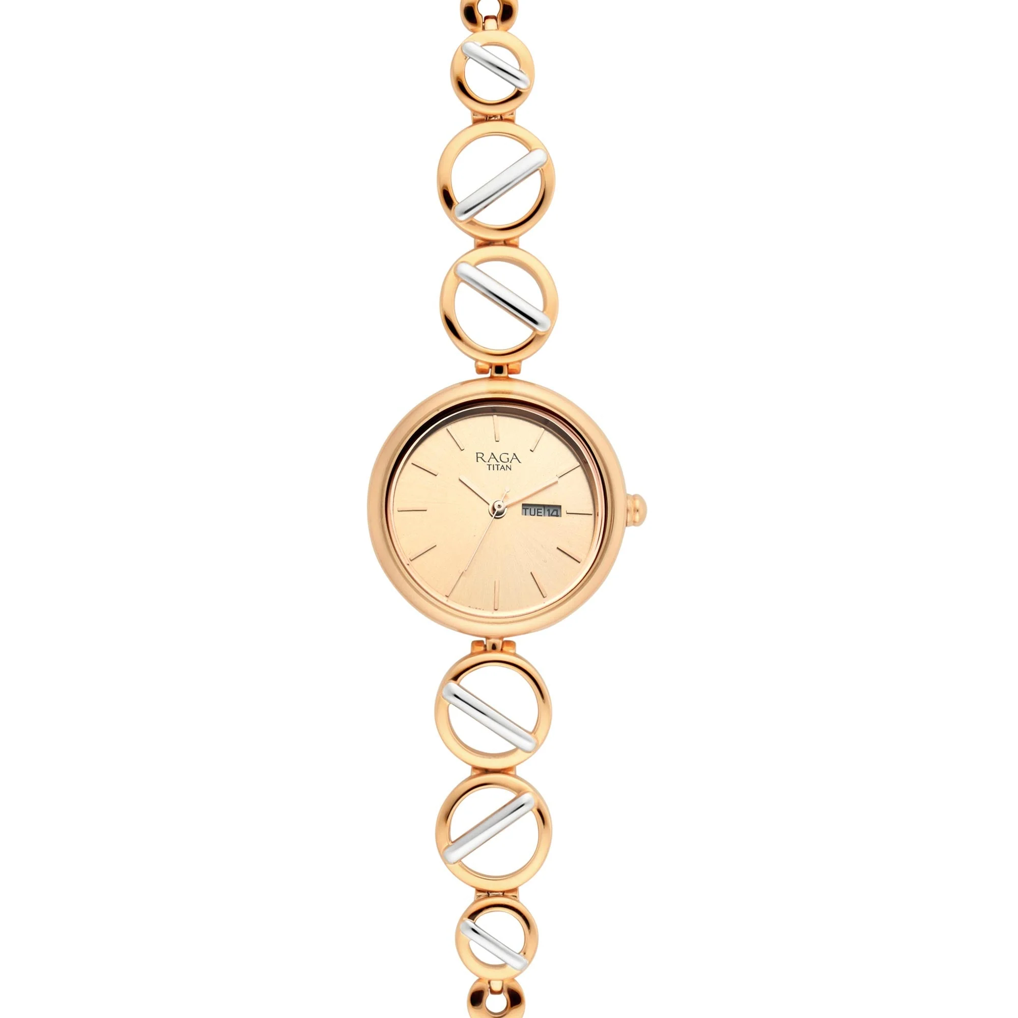 Titan Raga Viva Quartz Analog with Day and Date Rose Gold Dial Two Toned Metal Strap Watch For Women - Image 4
