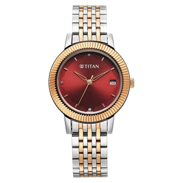 Titan Red Dial Two Toned Stainless Steel Strap Analog Watch for Women