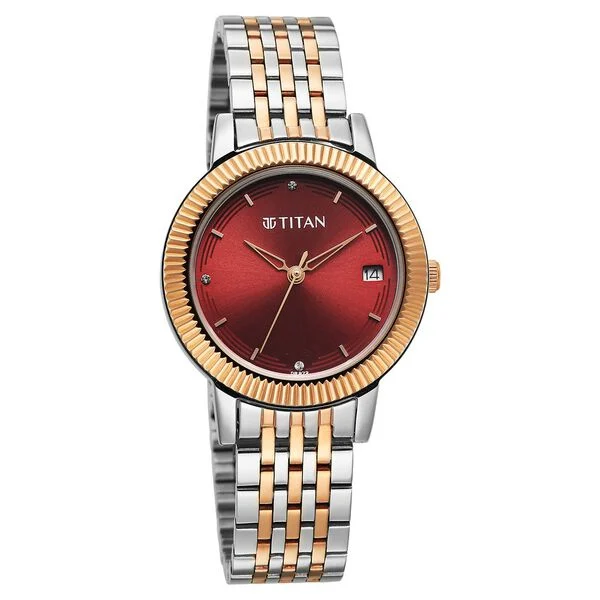 Titan Red Dial Two Toned Stainless Steel Strap Analog Watch for Women - Image 2