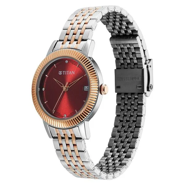 Titan Red Dial Two Toned Stainless Steel Strap Analog Watch for Women - Image 3