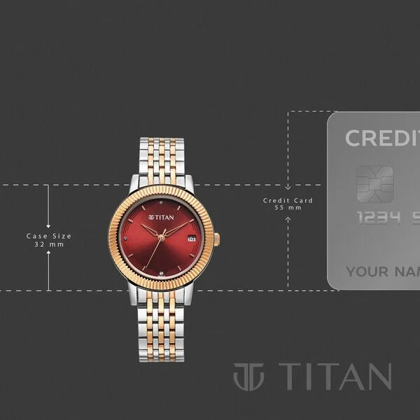 Titan Red Dial Two Toned Stainless Steel Strap Analog Watch for Women - Image 4