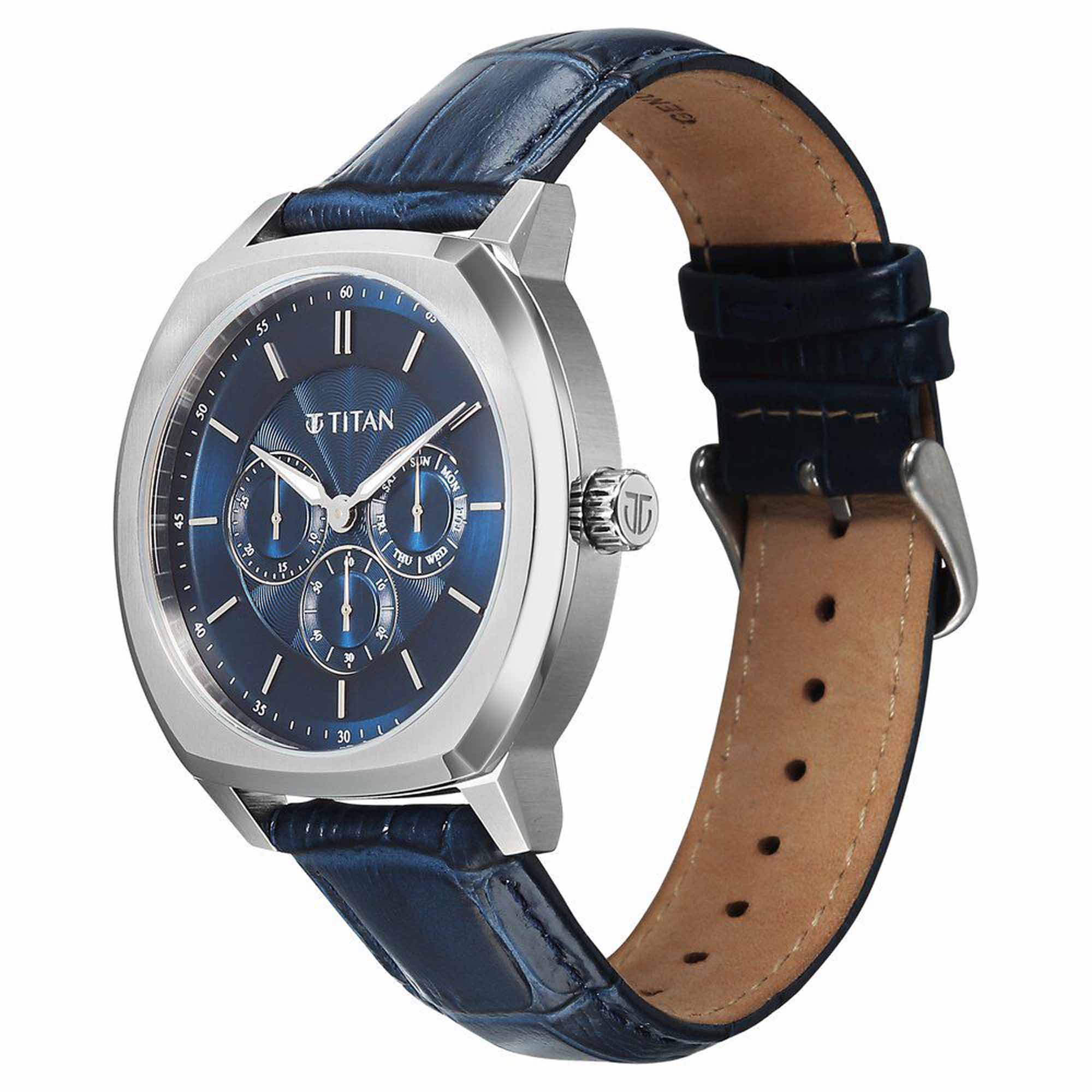 Titan Regalia Arc Analog with Day Date Second Subdial and Blue Dial Blue Leather Strap Watch for Men - Image 3