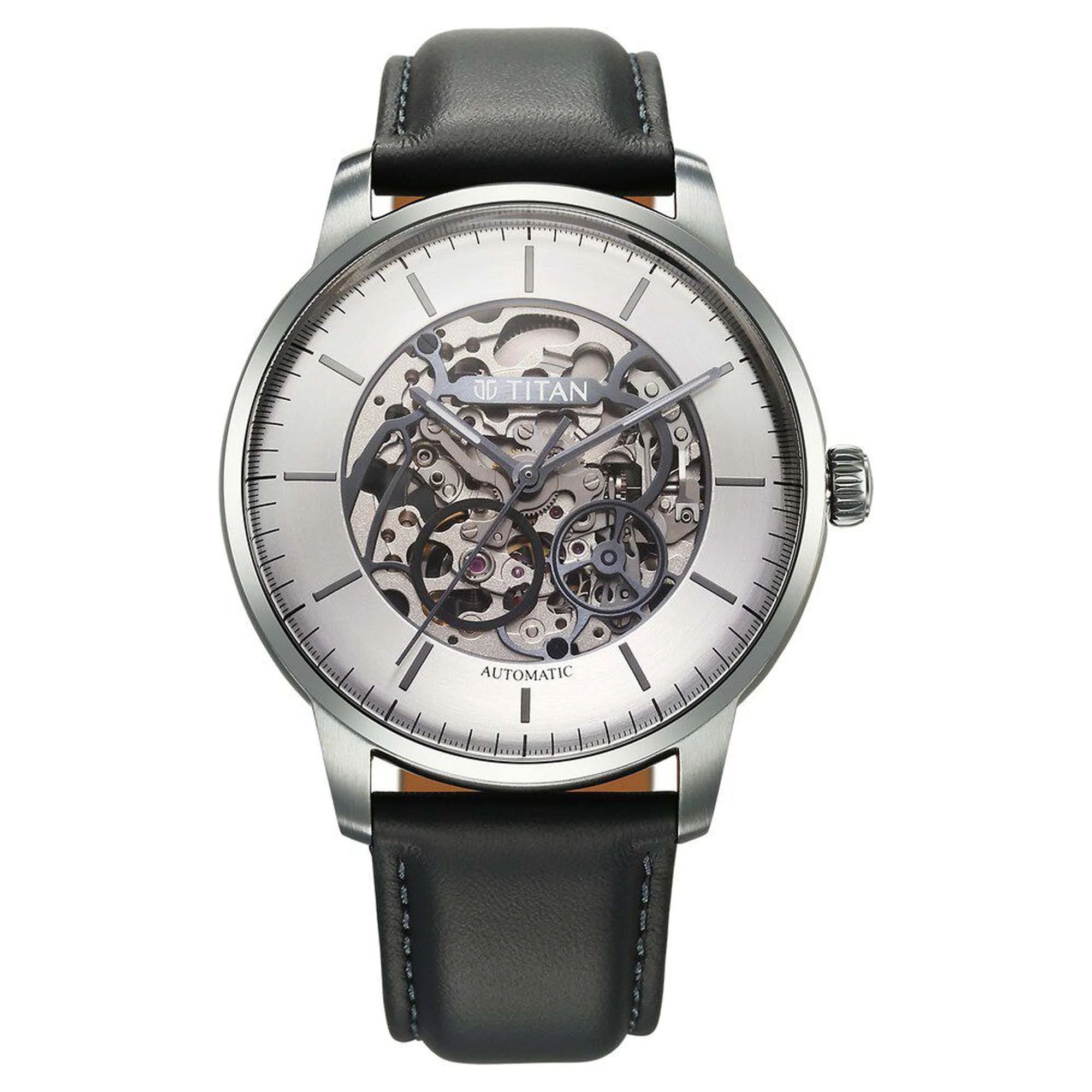 Titan Silver Dial Grey Leather Strap Automatic Watch for Men