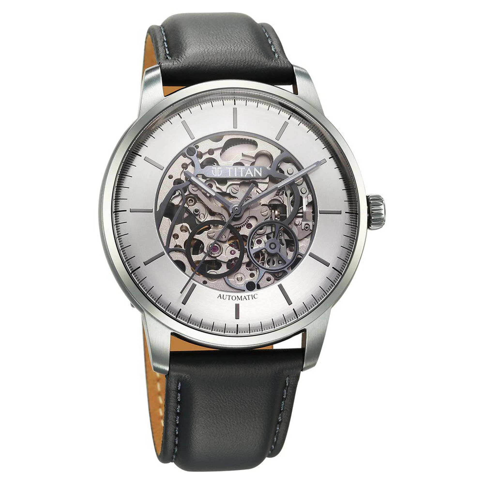 Titan Silver Dial Grey Leather Strap Automatic Watch for Men - Image 2