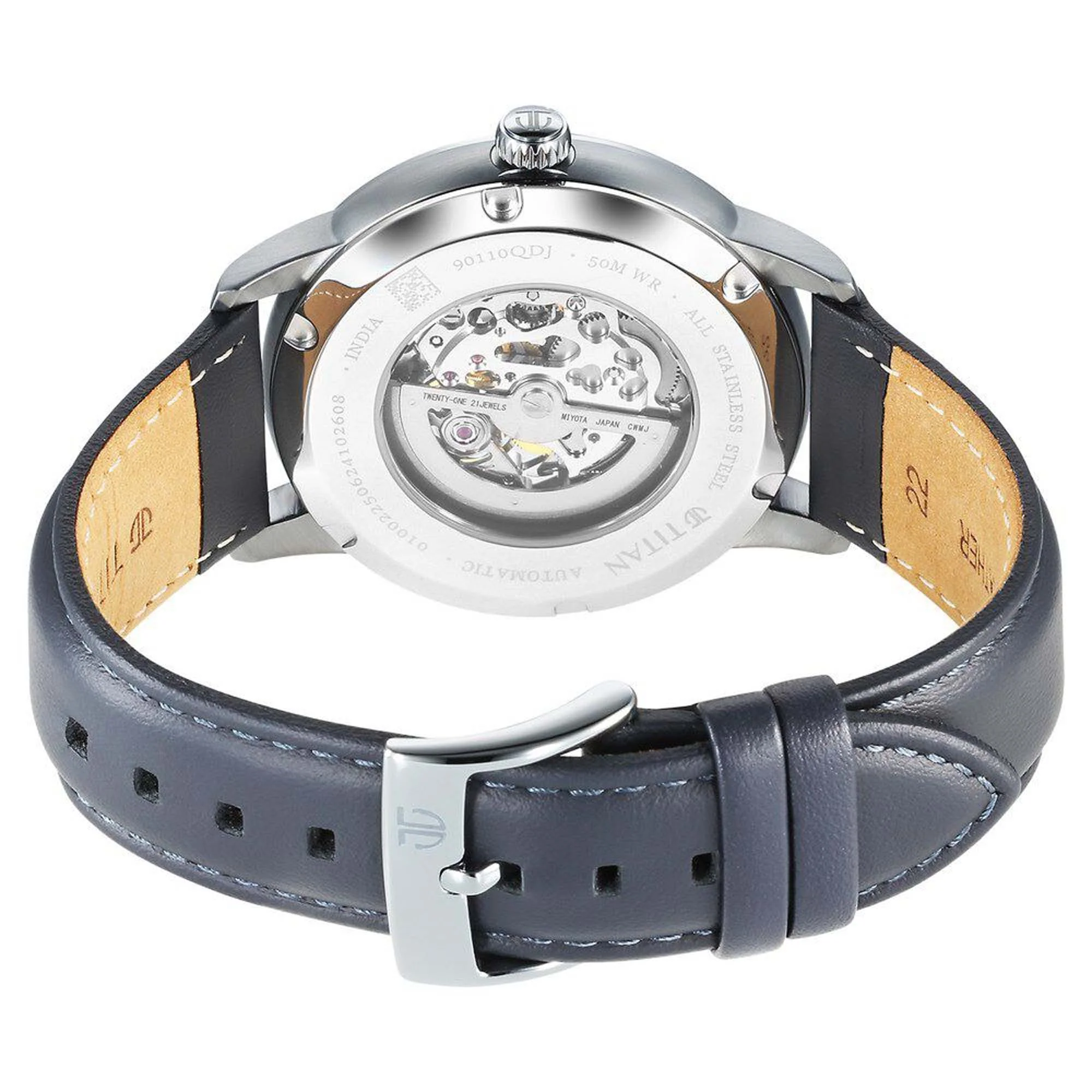 Titan Silver Dial Grey Leather Strap Automatic Watch for Men - Image 5