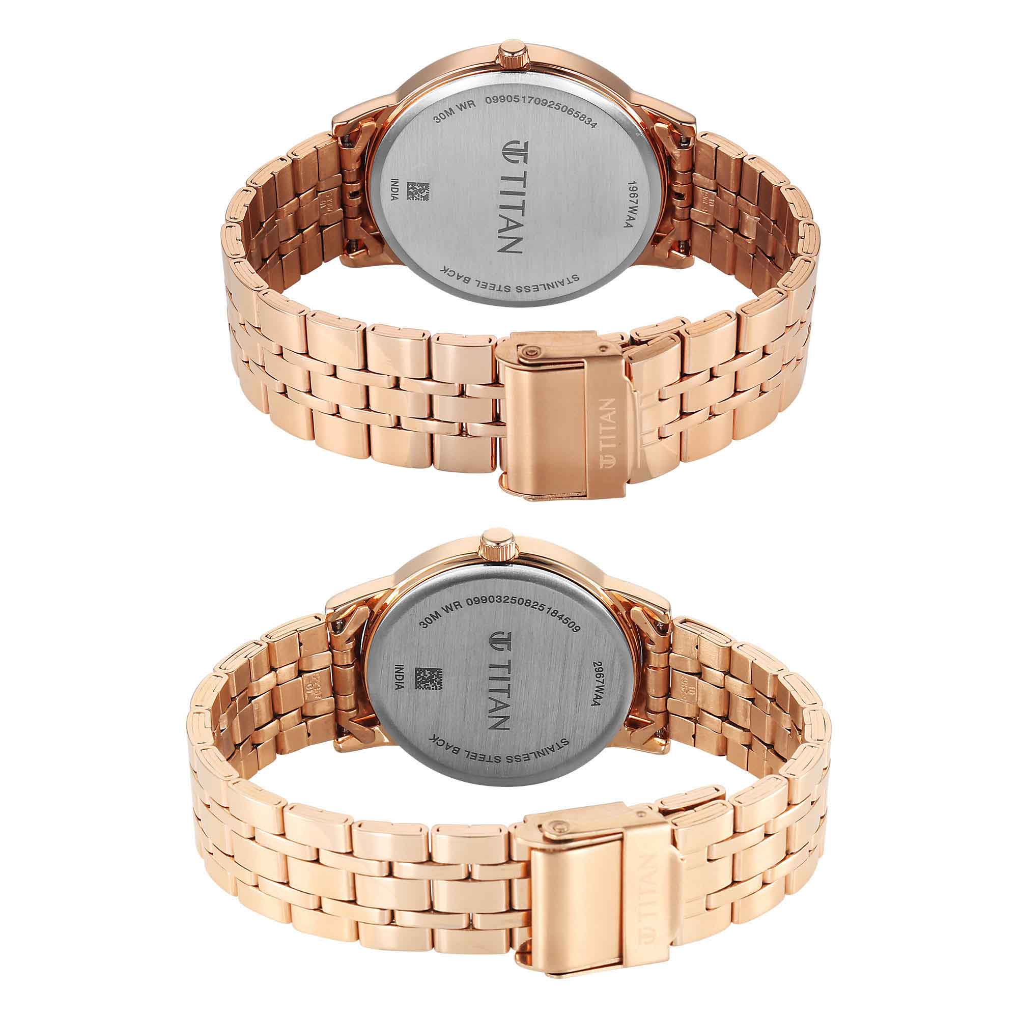 Titan Silver Dial Rose Gold Stainless Steel Strap Analog with Day and Date Watch for Couple - Image 5