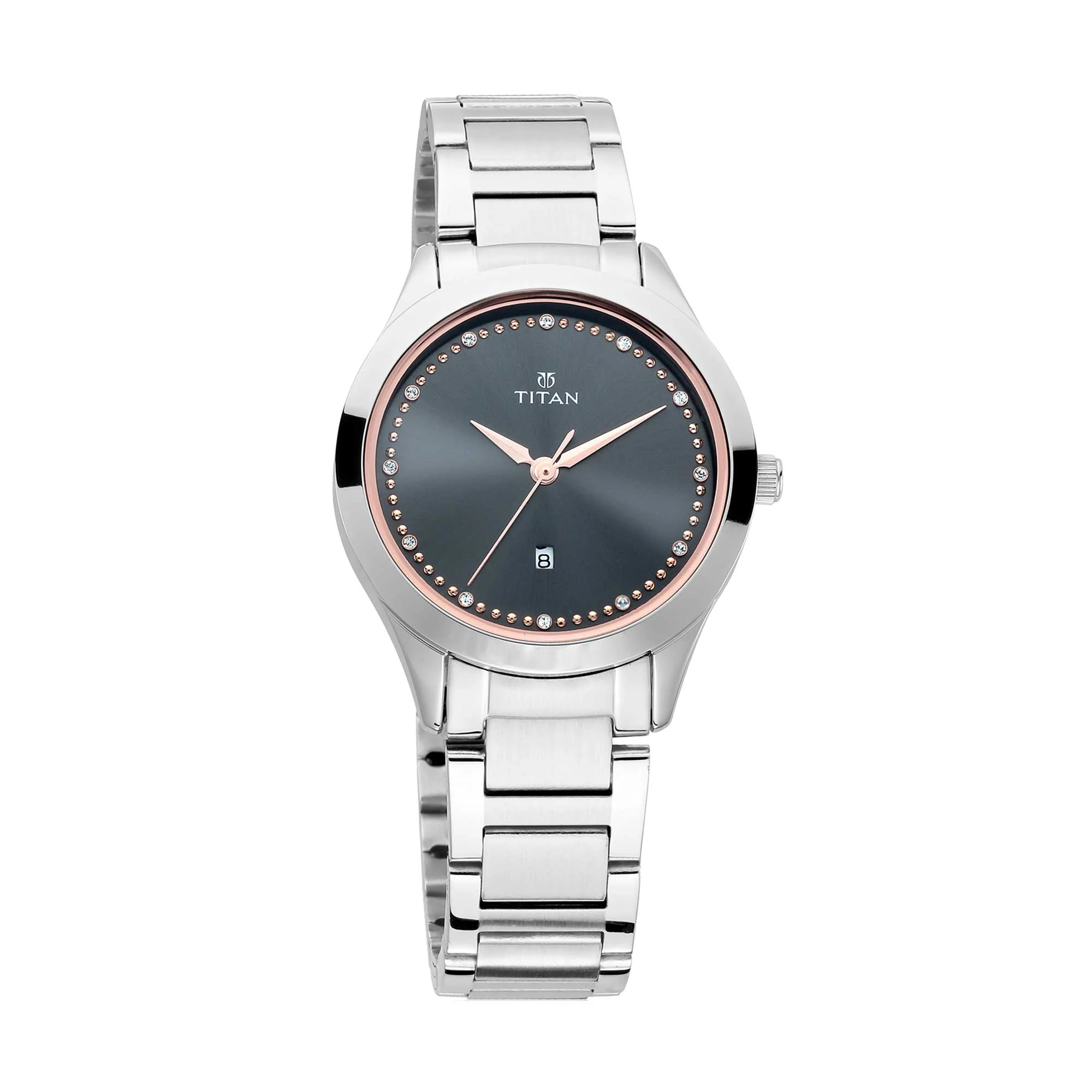 Titan Sparkle Anthracite Dial Analog with Date Stainless Steel Strap Watch for Women