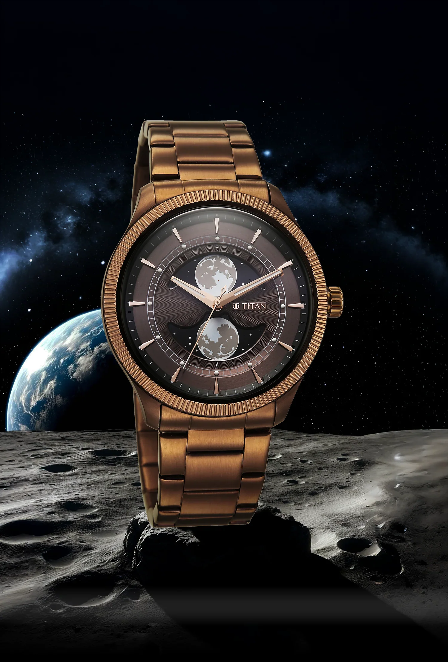 Titan Stellar Analog with Dual Moon Phase Brown Dial Watch - Image 3