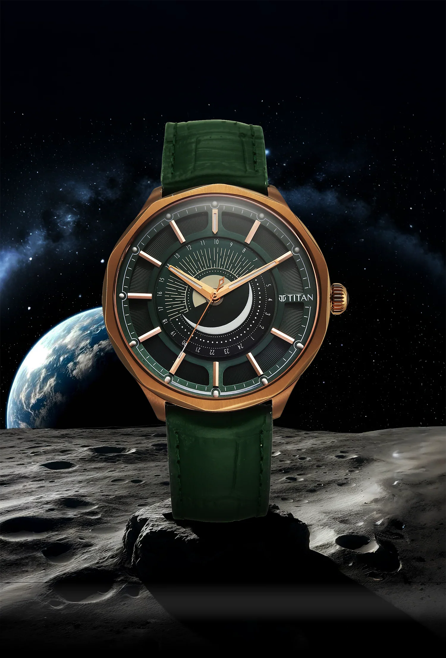 Titan Stellar Analog with Sun Moon Disc Green Dial Watch - Image 2