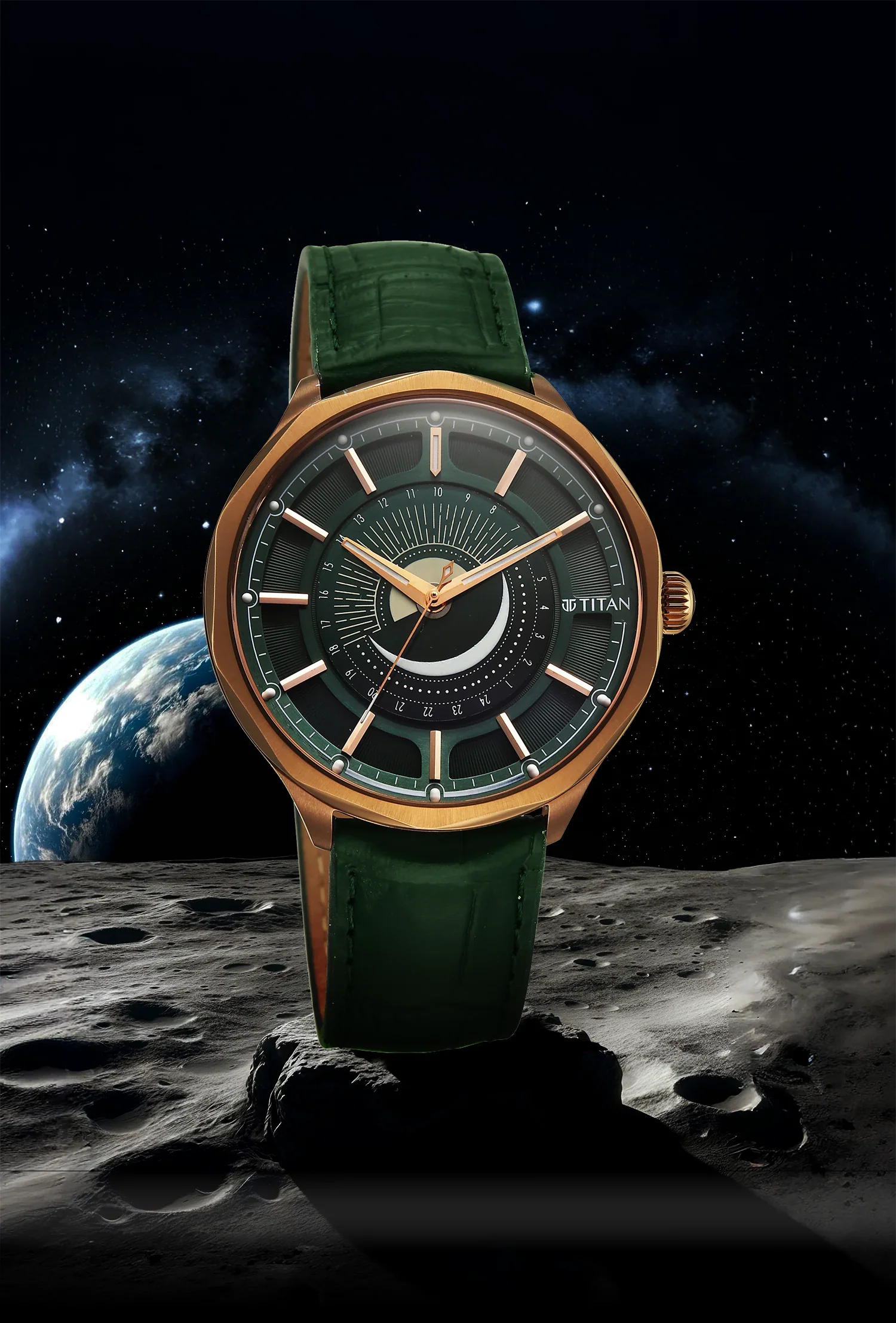 Titan Stellar Analog with Sun Moon Disc Green Dial Watch - Image 3