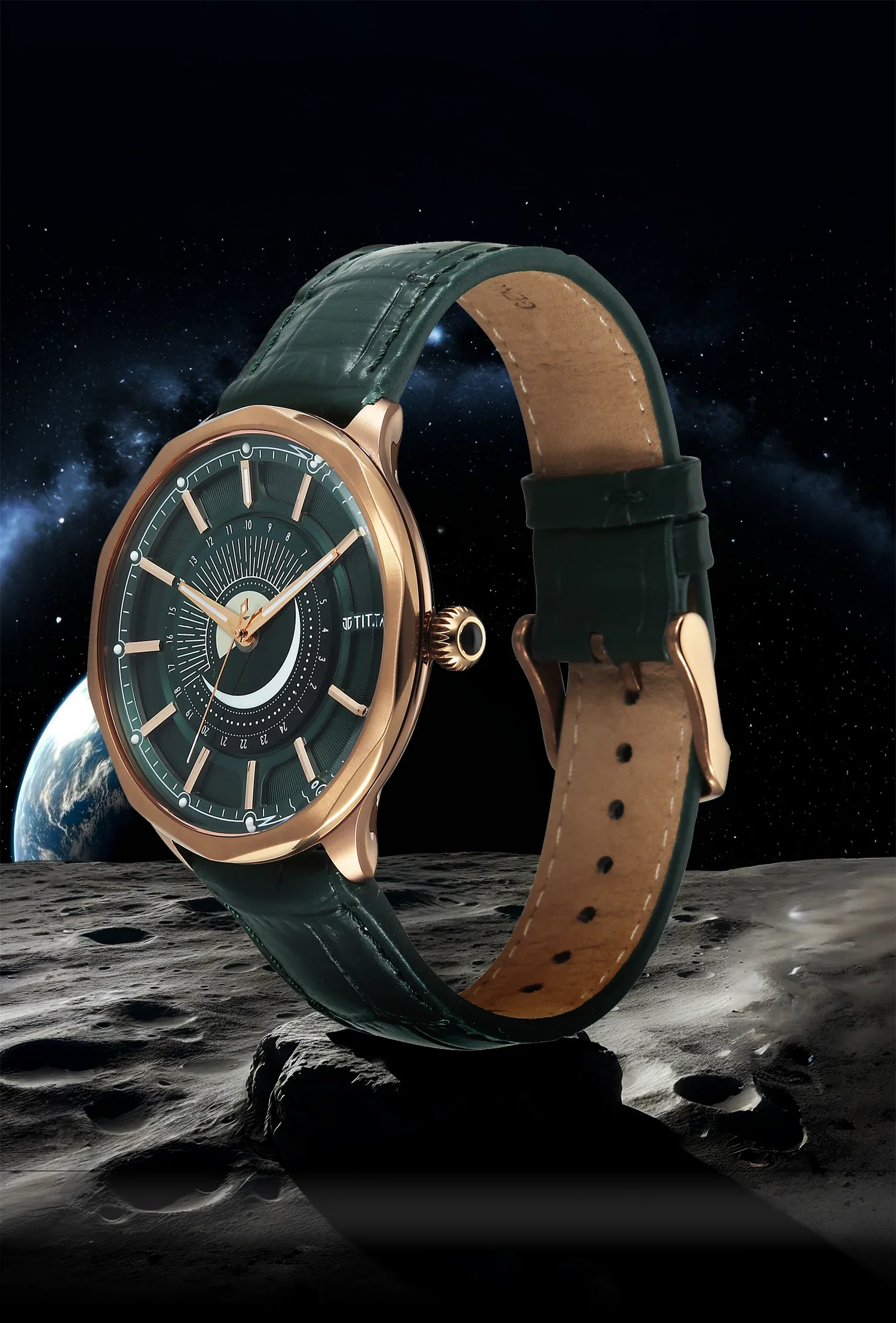 Titan Stellar Analog with Sun Moon Disc Green Dial Watch - Image 4