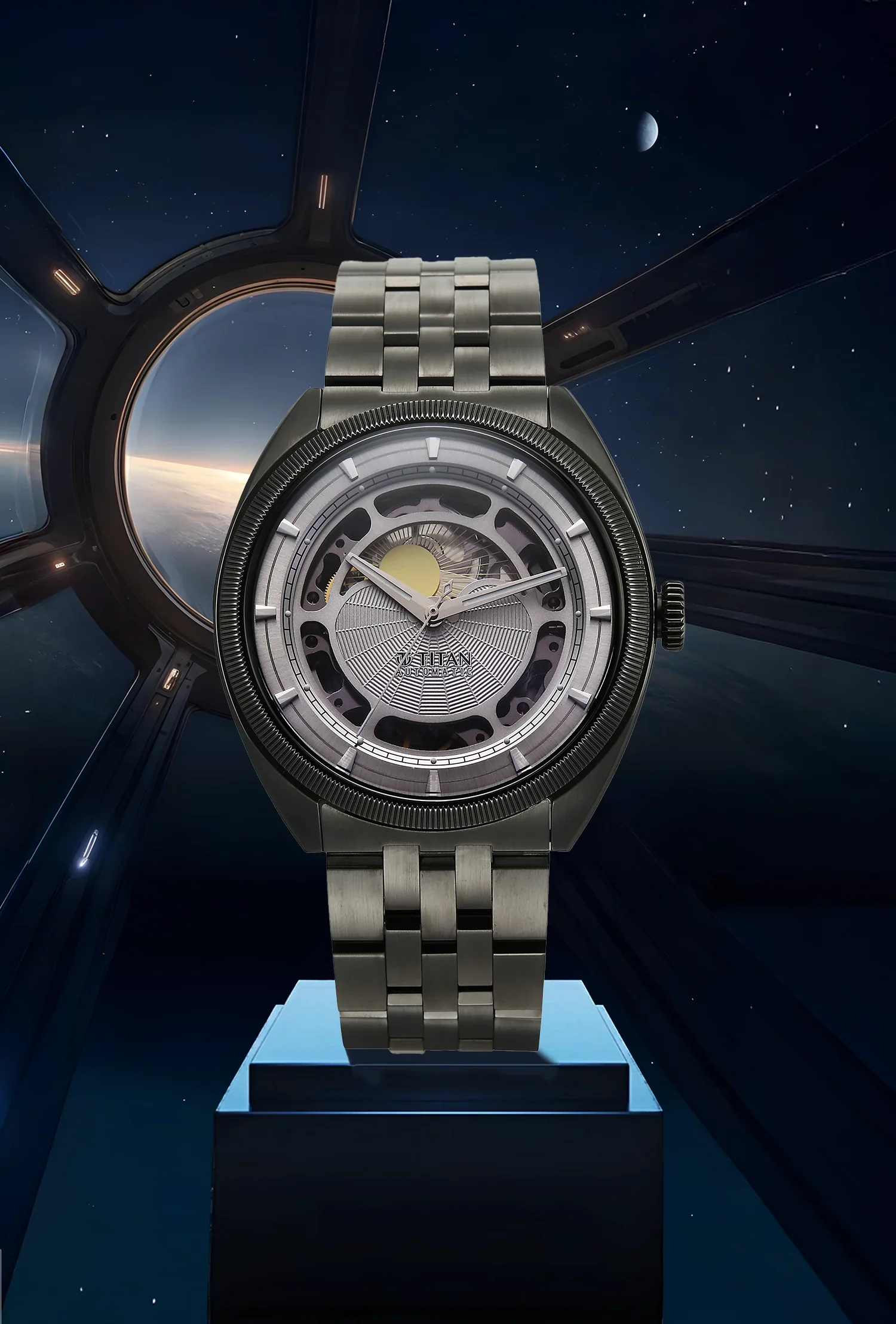 Titan Stellar Cupola Analog with Sun Moon Disc Silver Dial Automatic Watch - Image 2