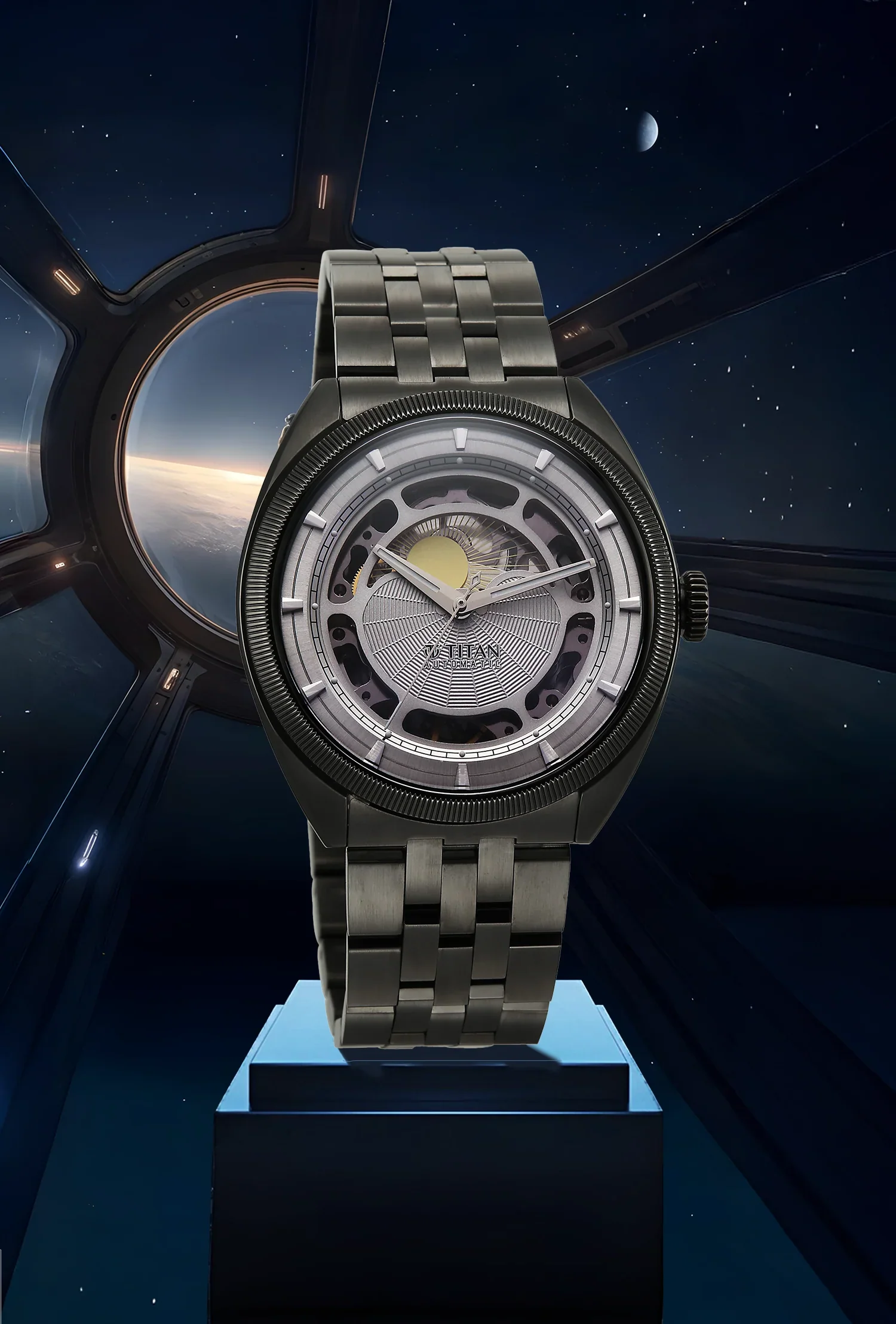 Titan Stellar Cupola Analog with Sun Moon Disc Silver Dial Automatic Watch - Image 3