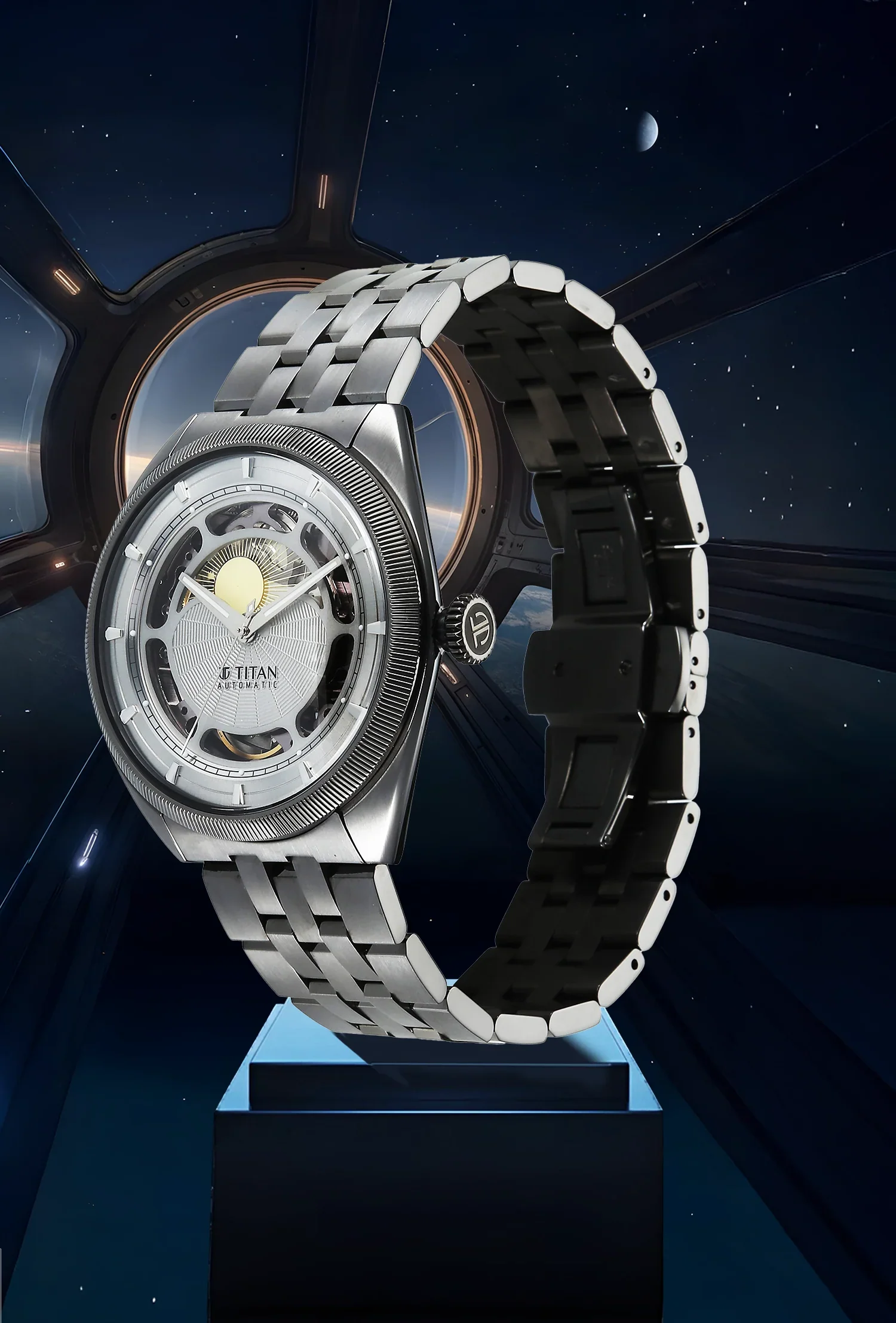 Titan Stellar Cupola Analog with Sun Moon Disc Silver Dial Automatic Watch - Image 4