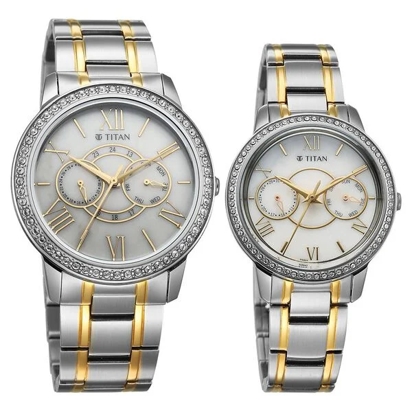 Titan White Dial Two Toned Stainless Steel Strap Analog with Day and Date Quartz Watch for Couple - Image 2