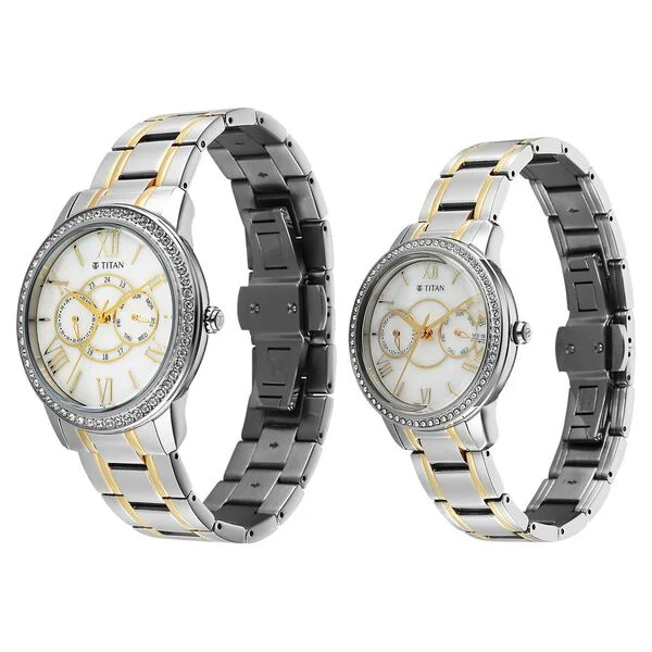 Titan White Dial Two Toned Stainless Steel Strap Analog with Day and Date Quartz Watch for Couple - Image 3