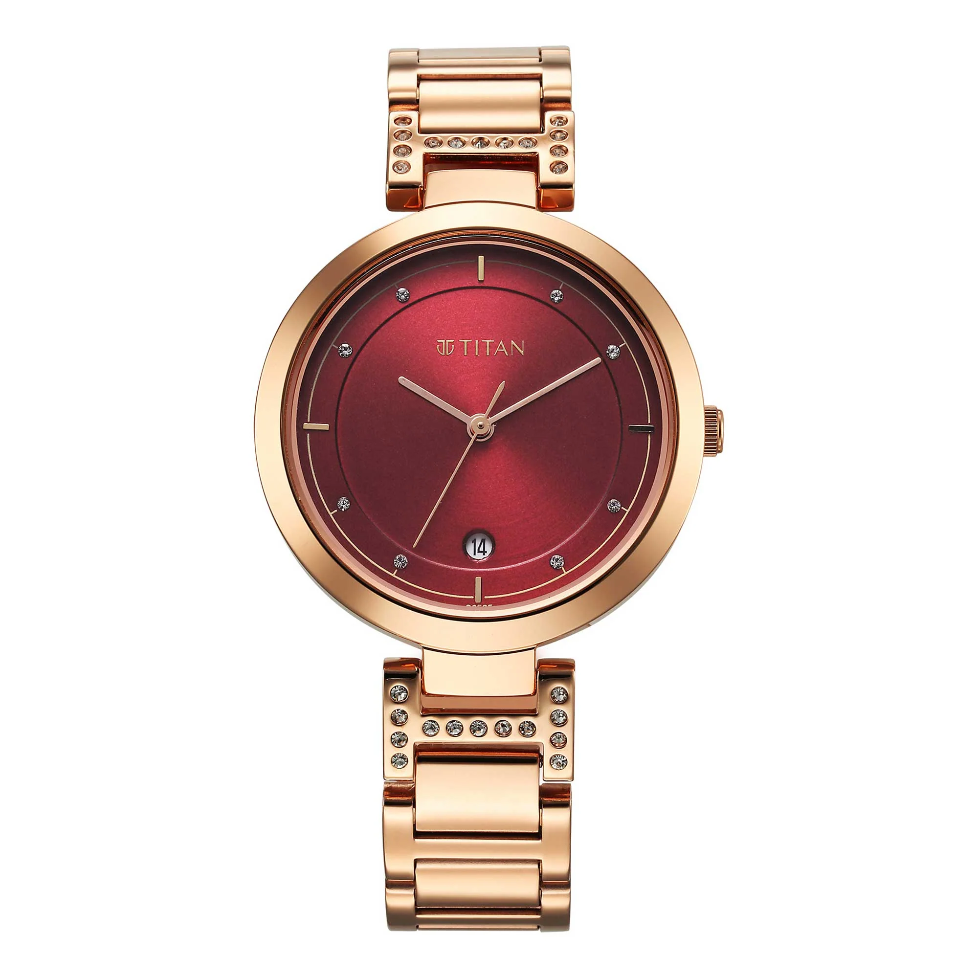 Titan Red Dial Gold Stainless Steel Analog Watch for Women - Image 2
