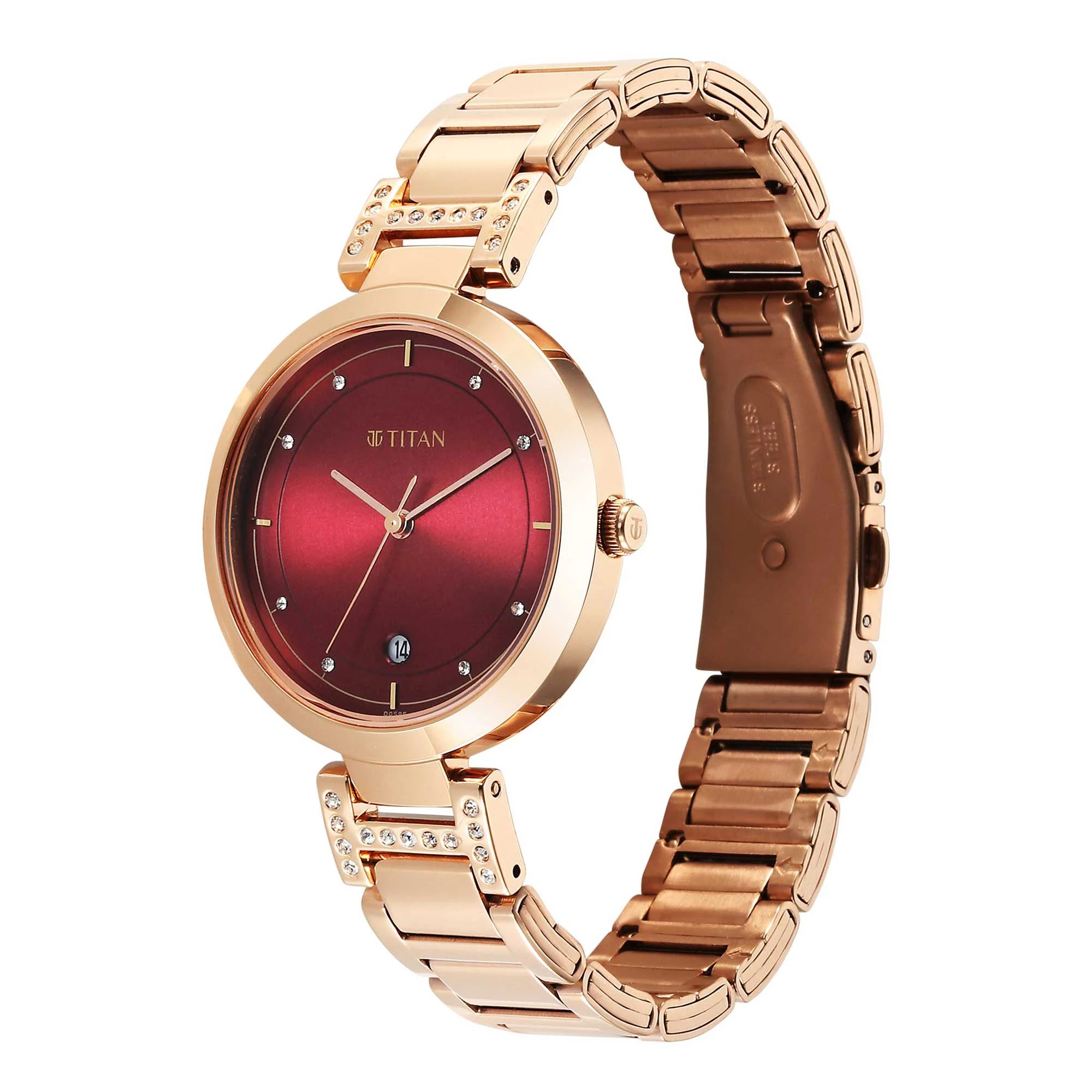 Titan Red Dial Gold Stainless Steel Analog Watch for Women - Image 4