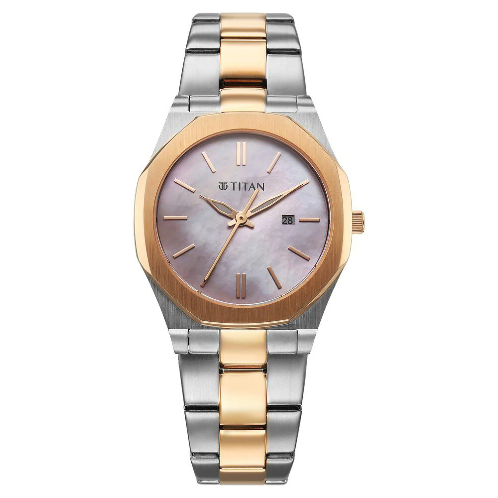Titan Workday Wonders Quartz Analog with Date Pink Mother Of Pearl Dial Stainless Steel Strap Watch For Women